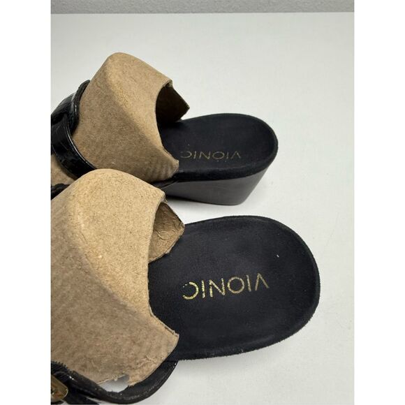 Vionic Radia Black Patent Croco Wedge Sandals Size 8 US Adjustable 3 Strap Gold - Picture 5 of 11
